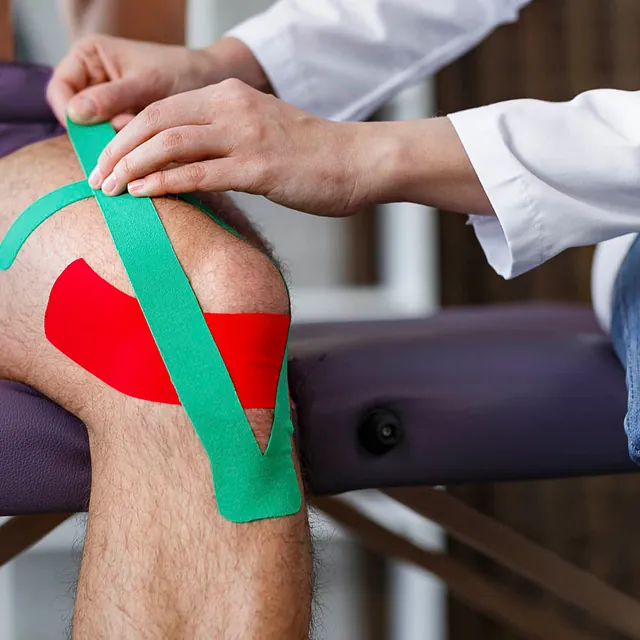Kinesiotape wird am Knie eines Patienten angebracht